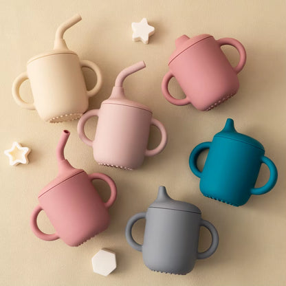 1PCS Baby Silicone Straw Cup with Two Lids BPA Free Leakproof Portable Snack Container Learning Drinking Baby Feeding Essentials