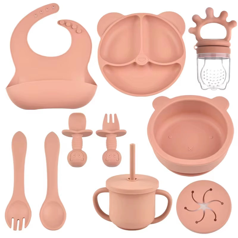 9Pcs/Set BPA Free Silicone Baby Feeding Set Sucker Bowl Divided Dinning Plate Straw Cup Spoon Fork Adjustable Bib Child Dishes