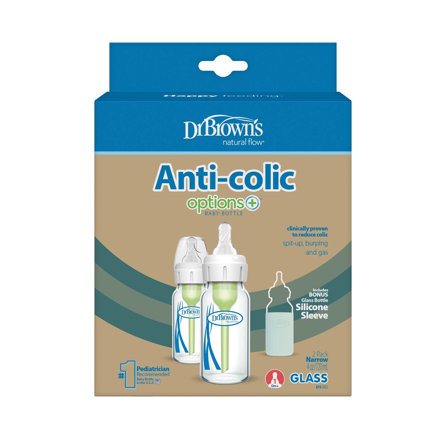 Natural Flow Anti-Colic Options+ Narrow Glass Baby Bottle with Silicone Sleeve, 2-Pack