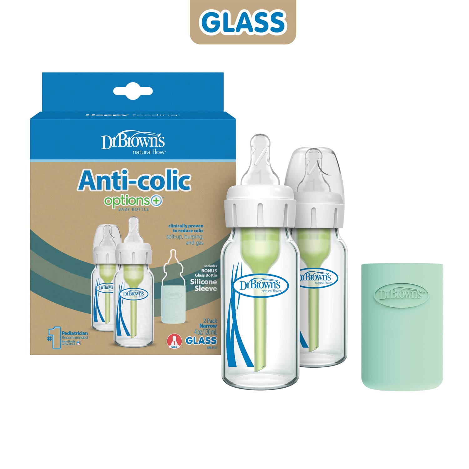 Natural Flow Anti-Colic Options+ Narrow Glass Baby Bottle with Silicone Sleeve, 2-Pack