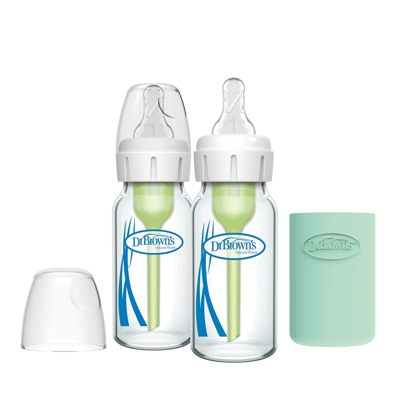 Natural Flow Anti-Colic Options+ Narrow Glass Baby Bottle with Silicone Sleeve, 2-Pack