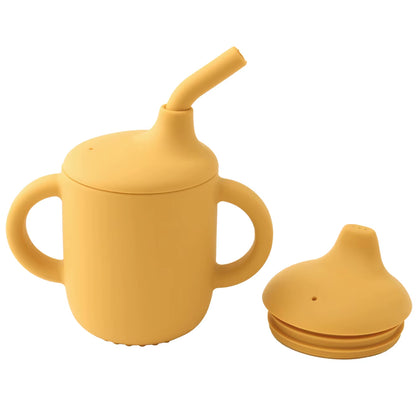 1PCS Baby Silicone Straw Cup with Two Lids BPA Free Leakproof Portable Snack Container Learning Drinking Baby Feeding Essentials