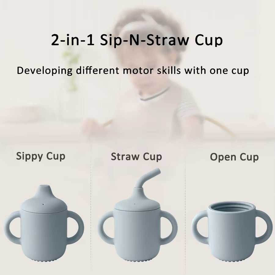 1PCS Baby Silicone Straw Cup with Two Lids BPA Free Leakproof Portable Snack Container Learning Drinking Baby Feeding Essentials