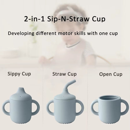 1PCS Baby Silicone Straw Cup with Two Lids BPA Free Leakproof Portable Snack Container Learning Drinking Baby Feeding Essentials